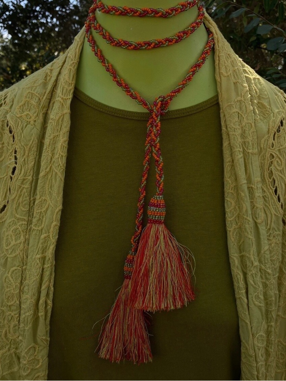 Handcrafted Red and Orange Beaded Tassel Lariat Necklace or Belt